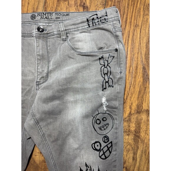 Ninth Hall Rogue Tapered Skinny Jeans Gray Smoke Print Distressed Streetwear 38 - Picture 4 of 12